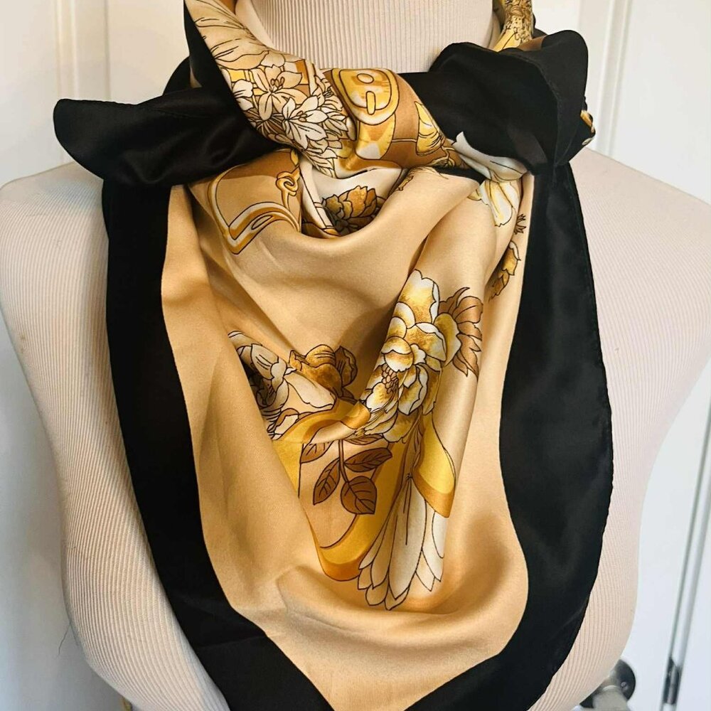 NWT Elegant Floral Scarf — Faux Silk Satin (90×90 cm, Made in China)